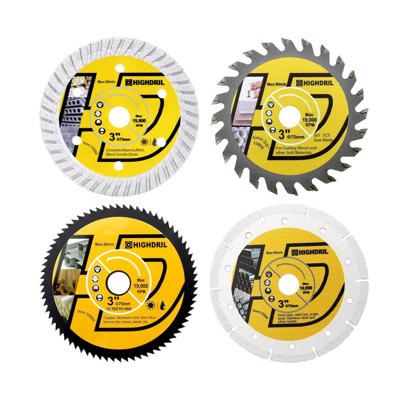 HIGHDRIL 3" 75mm Circular Saw Blade Set 4pcs - Diamond/HSS/TCT Cutting Disc for Angle Grinder Cutting Soft Metal Copper Aluminum Granite Tile Plastic Wood - Image 1
